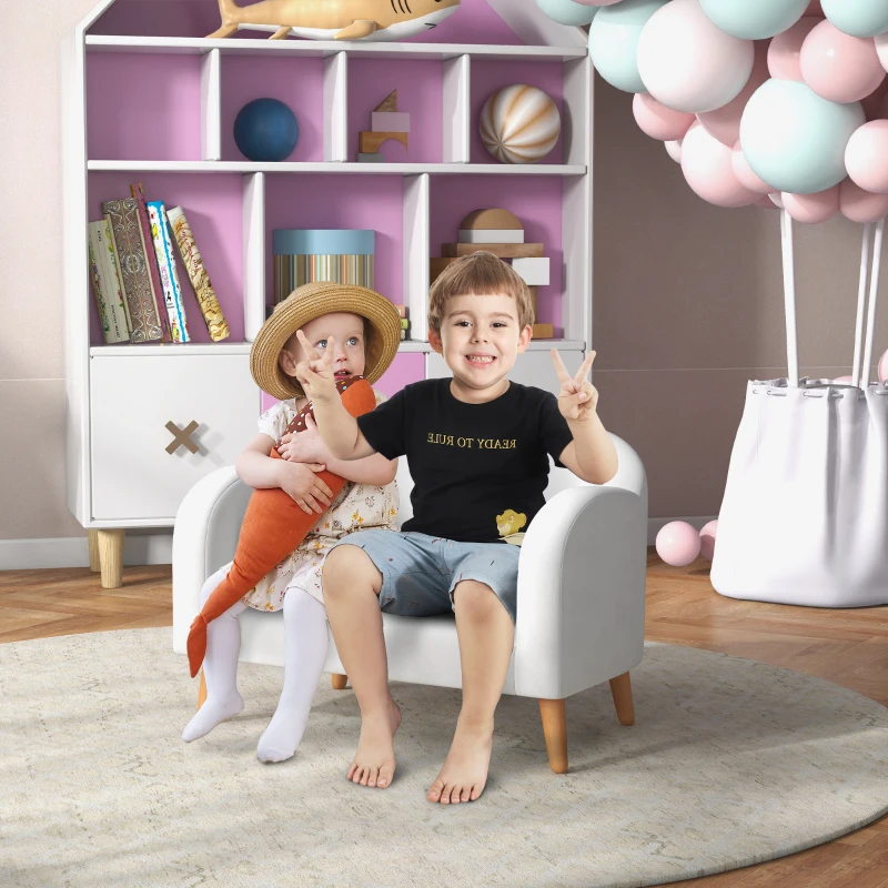 Qaba 2 Seater Kids Sofa with Soft Foam Padded, Anti-Tipping Design, White