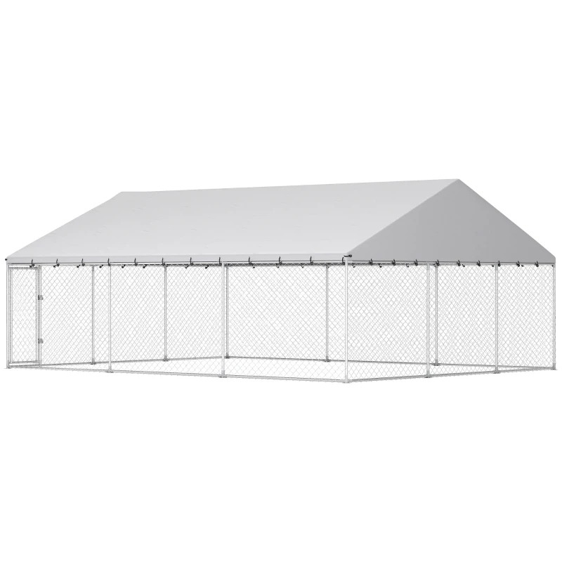 PawHut Galvanized Steel Outdoor Dog Kennel with Roof, Safety Locks, for Backyard, 19.7' x 14.8' x 7.9'