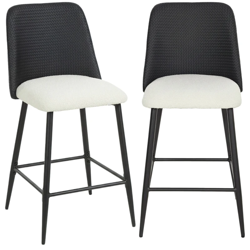 HOMCOM Bar Stools Set of 2, 26" Counter Height Bar Stools with PU Backrest, Linen-look Fabric Seat, Black