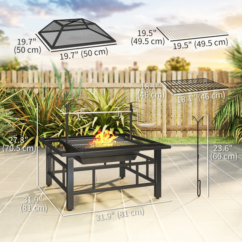 Outsunny 31.9" x 31.9" x 27.8" 2-in-1 Outdoor Fire Pit Firepit with BBQ Grill Grate, Wood Fire Pit with Adjustable Foot Pads, Outer Ledge, Poker, Mesh Lid for Backyard, Black