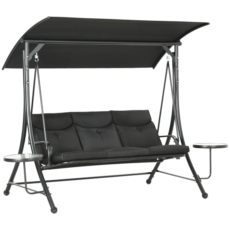 Outsunny 3 Seat Outdoor Swing Chair Steel Swing Bench Porch Swing With Adjustable Canopy & Coffee Tables & Cushion for Patio Garden, Black