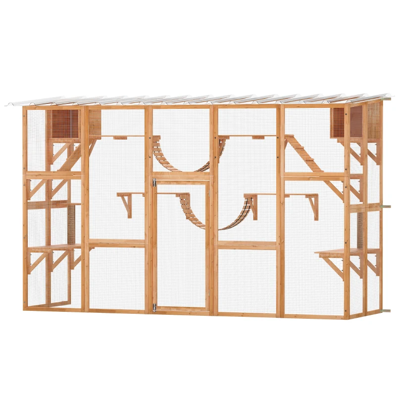 PawHut Large Outdoor Catio with Condos, Platforms, Doors, Ladders, Weather-Resistant Roof, Orange