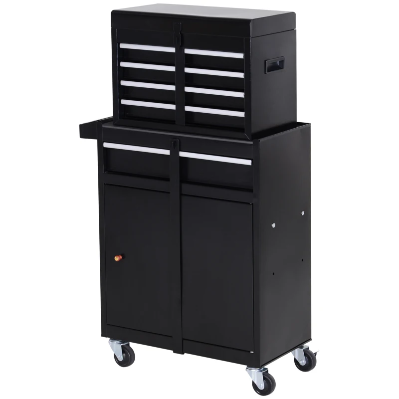 DURHAND Rolling Tool Cabinet 2 in 1 Top Chest Storage Box 5 Drawers with Pegboard and Adjustable Shelf, Black