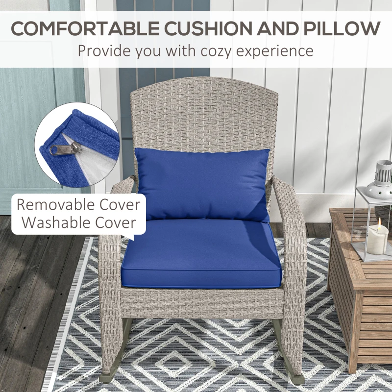 Outsunny Adirondack Chair, Outdoor Wicker Rocking Chair with High Back, Seat Cushion and Pillow for Porch, Balcony, Dark Blue