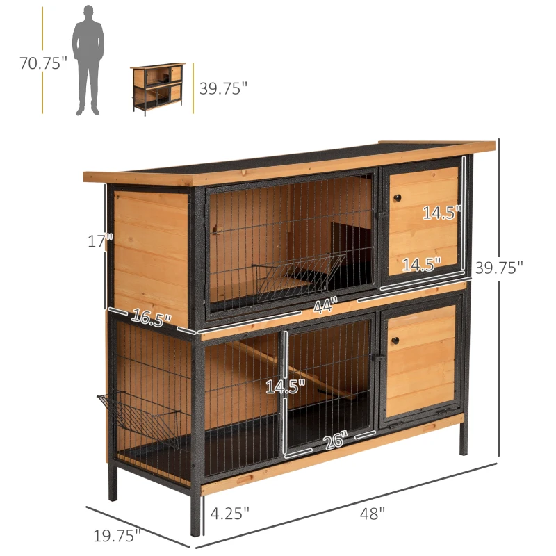 PawHut 48" 2-Story Large Rabbit Hutch Bunny Cage Wooden Pet House Metal Frame with Rooms, Ramp, No Leak Tray, Feeding Trough