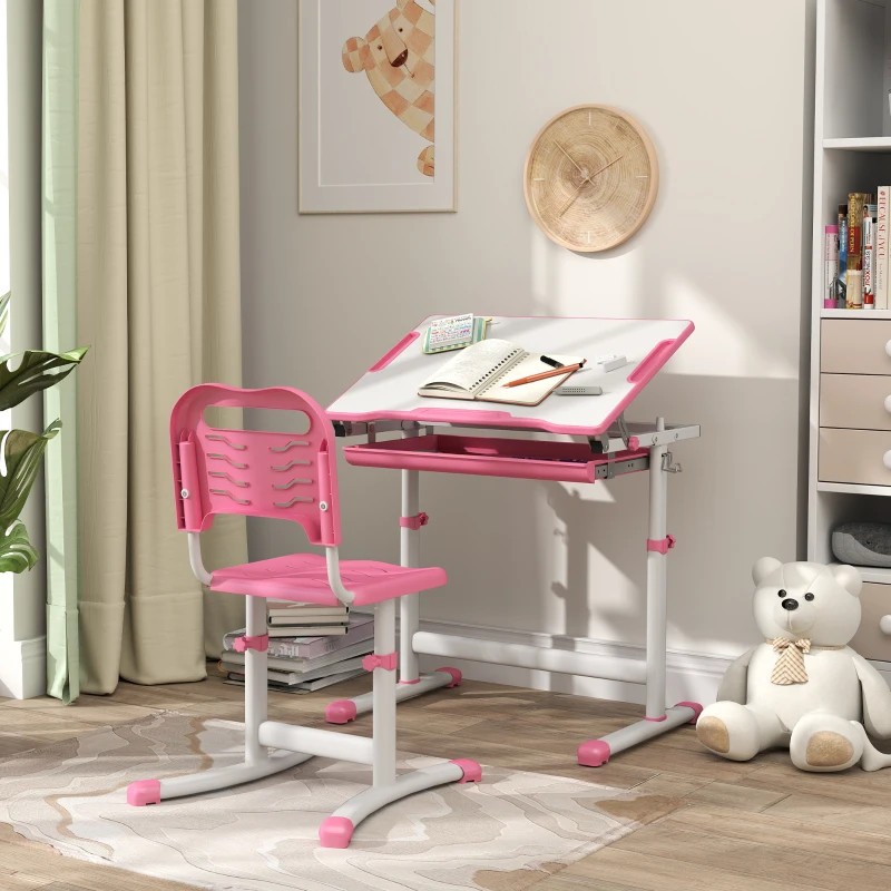 Qaba Height Adjustable Kids Desk and Chairs Set with Tilt Desktop, Storage Drawer, Pen Slot, Hook, Pink