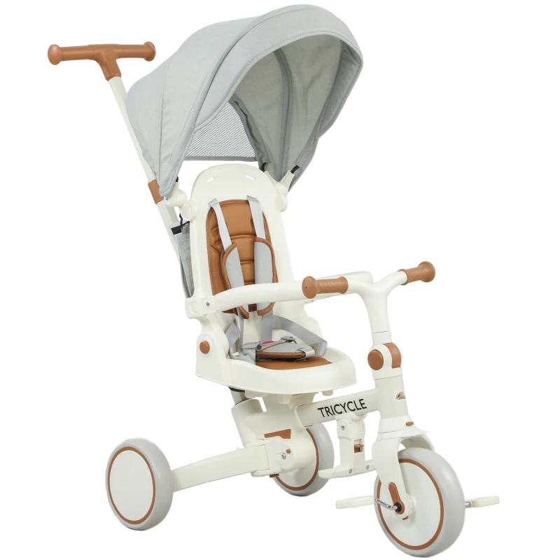 Qaba 7 in 1 Toddler Tricycle w/ Safety Harness, Adjustable & Removable Parent Handle, Canopy, Storage Bag, Brake, Cream White