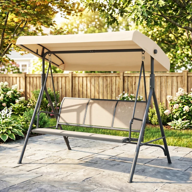 Outsunny 3-Seater Swing Chair Covered Garden Hammock A-Frame Outdoor Porch Glider Sling Seat with Adjustable Canopy Cover, Beige