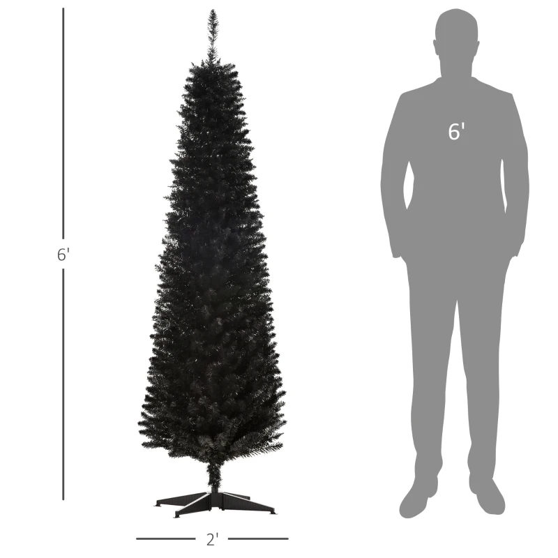 HOMCOM 6' Artificial Pencil Christmas Tree, Slim Xmas Tree with 390 Realistic Branch Tips and Plastic Stand, Black