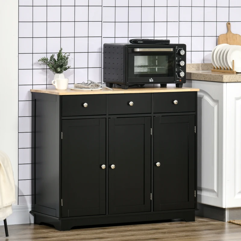 HOMCOM Kitchen Storage Cabinet, Sideboard Floor Cupboard with Solid Wood Top, Adjustable Shelf, and 3 Drawers, Black