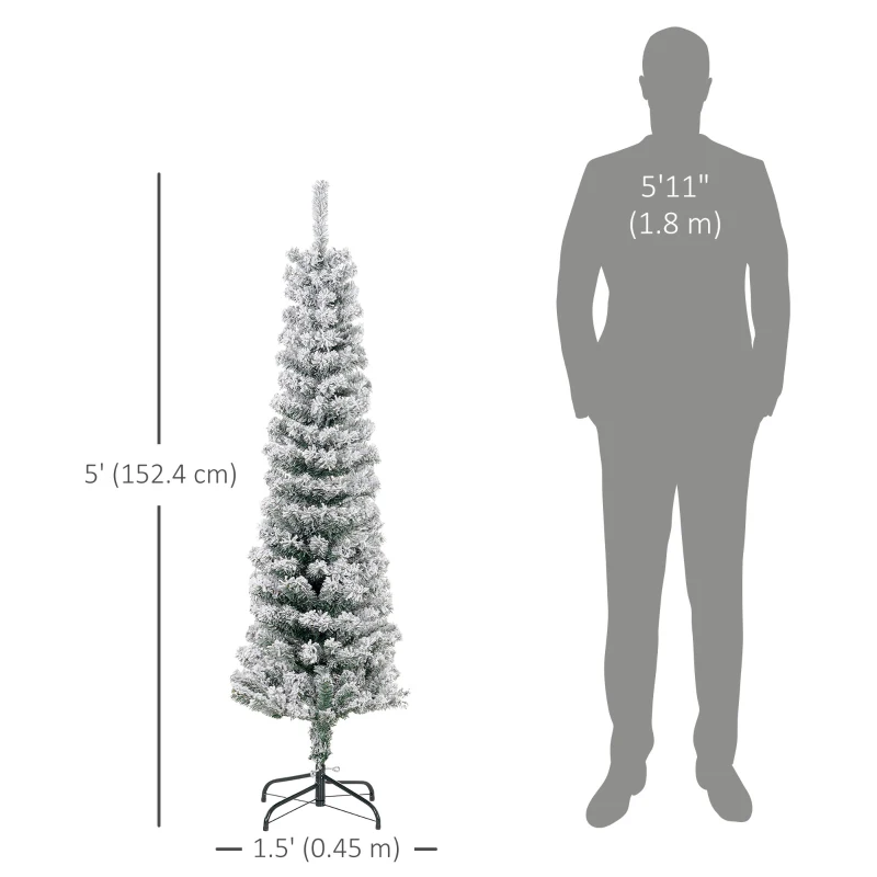 HOMCOM 5ft Flocked Christmas Tree, Pencil Christmas Tree with Realistic Branch Tips, Folding Metal Stand, Green