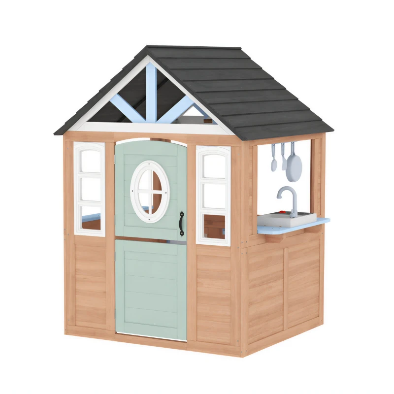 Qaba Kids Outdoor Playhouse, Wooden Cottage Play House with Pet Door, Play Kitchen, Half Door and Windows for Indoor Outdoor