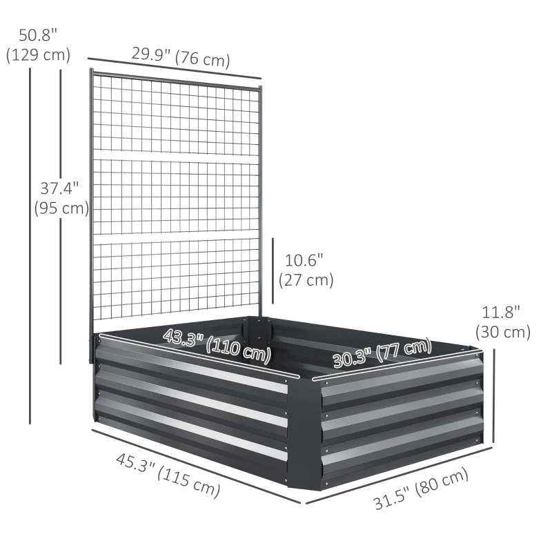 Outsunny Galvanized Raised Garden Bed with Trellis for Climbing Plants, Outdoor Planter Box with Open Bottom, Dark Grey