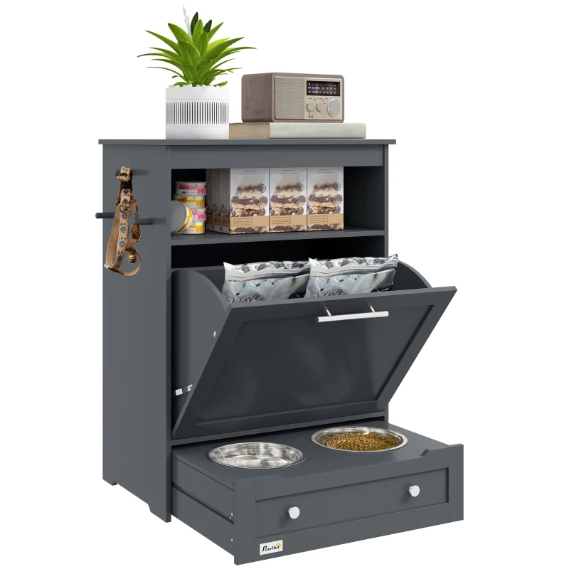 PawHut Pet Feeder Station Storage Cabinet, Dog Food Storage Container with Dog Raised Bowls, Watering Supplies, Gray
