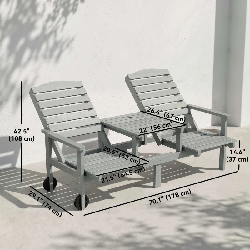 Outsunny Outdoor Bench with Wheels and 3-Position Adjustable High Back, 2 Seater Outdoor Loveseat with Umbrella Hole, Grey
