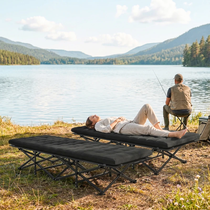 Outsunny Set of 2 Camping Cot with Soft Pad, 32" Extra Wide Folding Cots with Non-Slip Feet and Carry Bag, Black