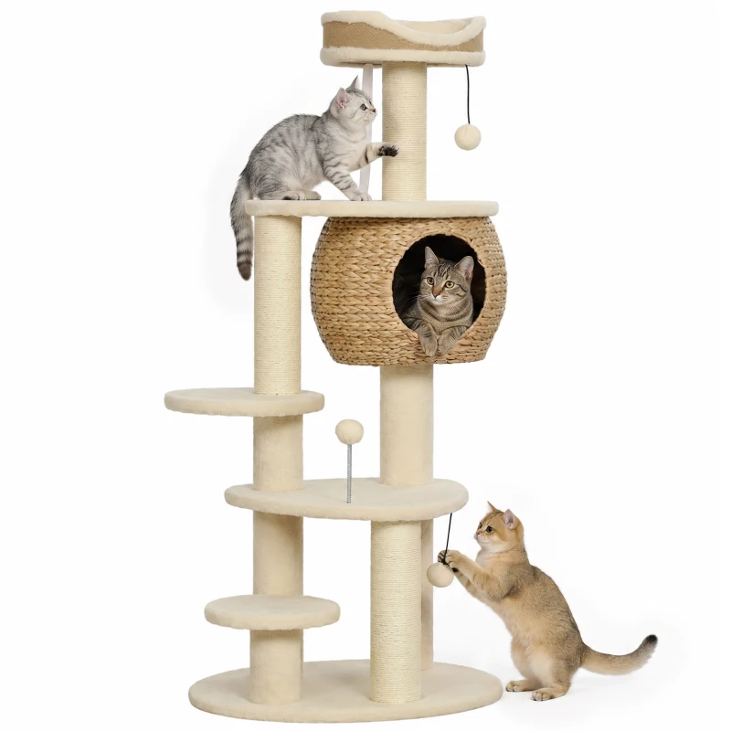 PawHut 52" Cat Tree, Cat Tower with Handwoven Cattail Condo, Bed, Platforms, 3 Scratching Posts and 3 Toy Balls