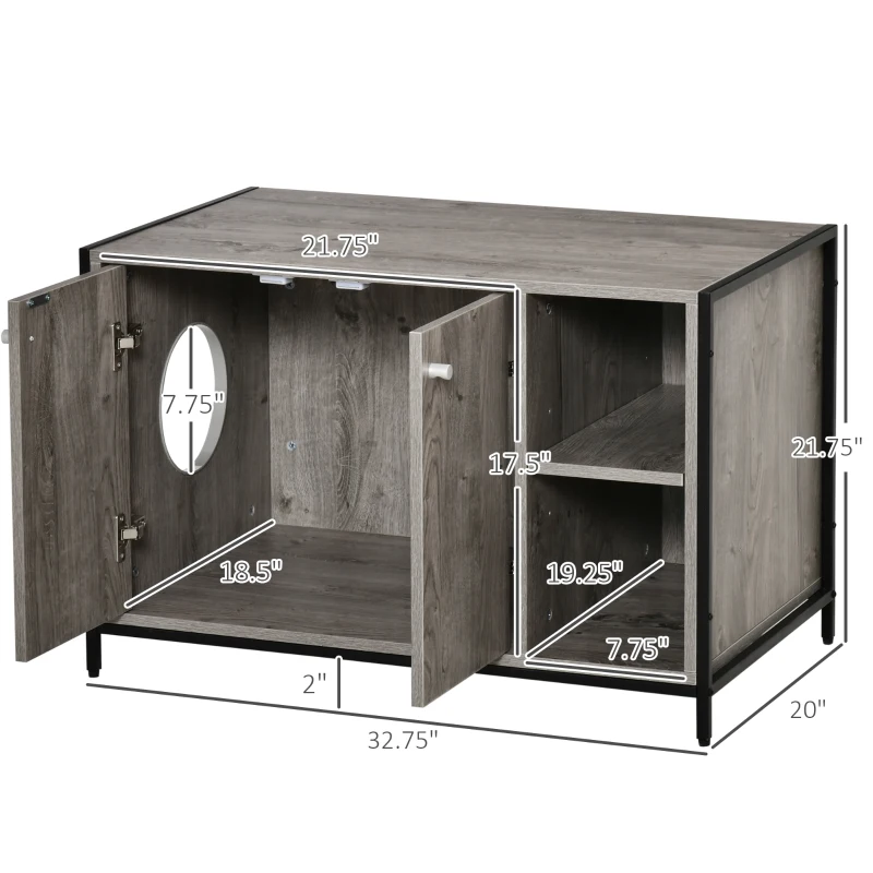 PawHut Large Wooden & Steel Cat Litter Box Enclosure, Kitten Washroom End Table, Indoor Hidden Cat House with Magnetic Doors & Storage Shelves, Gray