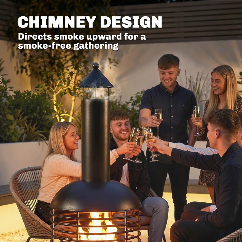 Outsunny Outdoor Fire Pit, Portable Wood Burning Firepit with Poker, Charcoal Grid, Modern Chimney Design Fireplace, Black