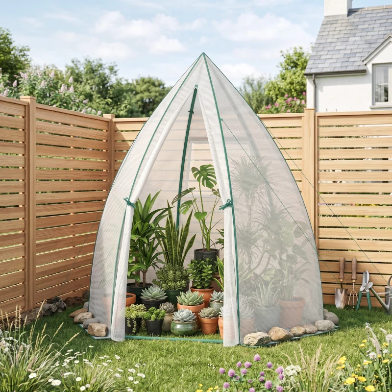 Outsunny 63" x 54" x 71" Tent-Style Mini Greenhouse, Portable Hot House for Plants with Zipper Roll Up Door and Window for Outdoor, Garden, Patio, White