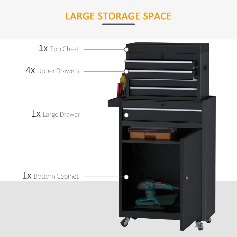 DURHAND Rolling Tool Cabinet 2 in 1 Top Chest Storage Box 5 Drawers with Pegboard and Adjustable Shelf, Black