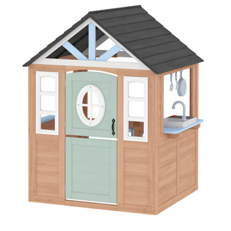 Qaba Kids Outdoor Playhouse, Wooden Cottage Play House with Pet Door, Play Kitchen, Half Door and Windows for Indoor Outdoor