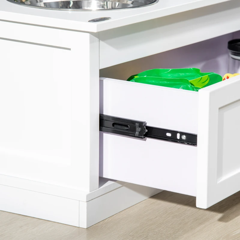 PawHut Large Elevated Dog Bowls with Storage Drawer Containing 11L Capacity, Raised Dog Bowl Stand Pet Food Bowl Dog Feeding Station, White