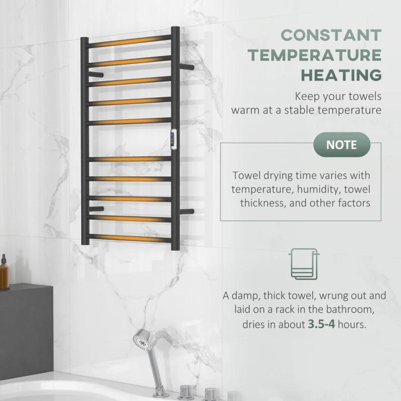 HOMCOM Wall Mounted Heated Towel Rack 10-Bar Electric Towel Warmer with Timer Adjustable Temperature Plug-in