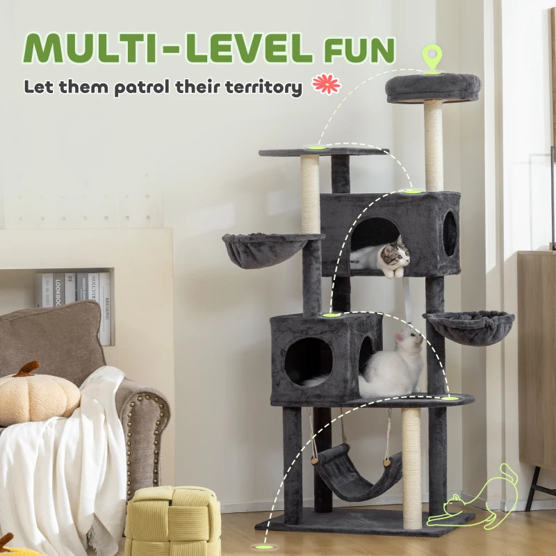 PawHut 66 Inch Large Cat Tree with 2 Door Condos, 3 Big Hammocks, Plush Top Perch, Sisal Scratching Posts, Dark Grey