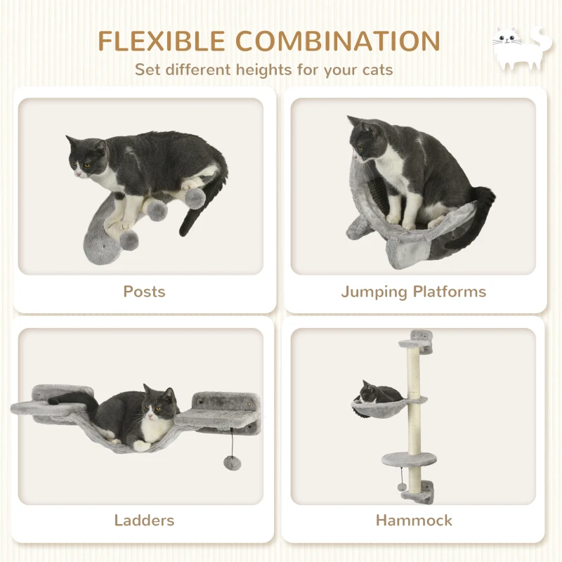 PawHut 4Pcs Cat Wall Shelf with Scratching Post, Cat Wall Shelves for Relaxing, Climbing, Cat Wall With Soft Ladder, Hammock, Play Balls, Grey