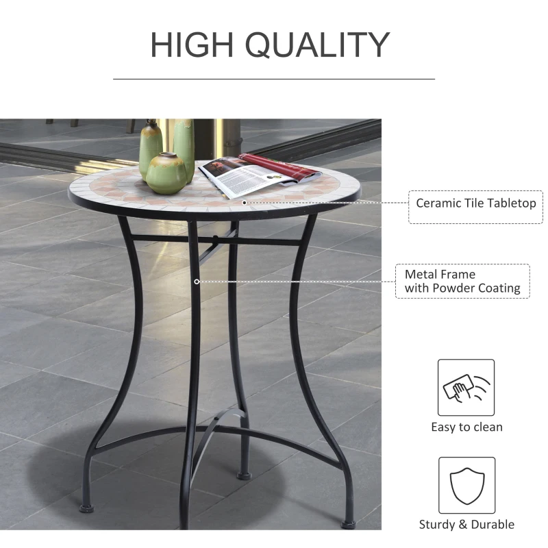 Outsunny 23.5" Mosaic Round Patio Table, Metal Side Bistro Coffee Table, Outdoor Furniture, Ceramic Tabletop for Garden Lawn