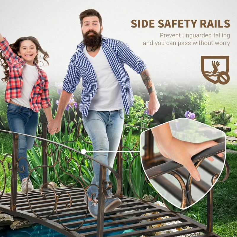 Outsunny 6FT Steel Garden Bridge with Safety Siderails, Decorative Arc Landscaping Bridge for Backyard Creek Stream Pond, Brown