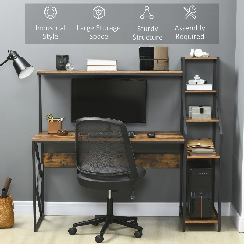 HOMCOM 59" Computer Desk with Storage Shelves, Study Writing Table for Home Office, Industrial Modern Workstation, Rustic Brown