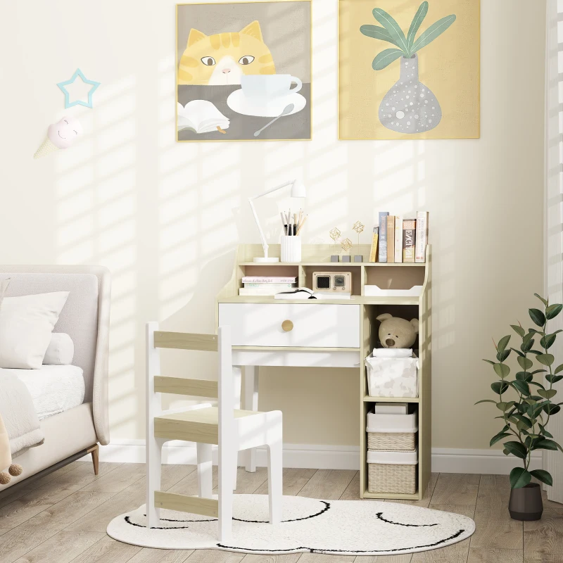 Qaba Kids Desk and Chair Set with Storage Shelves, Drawer for 3-10 Years, White