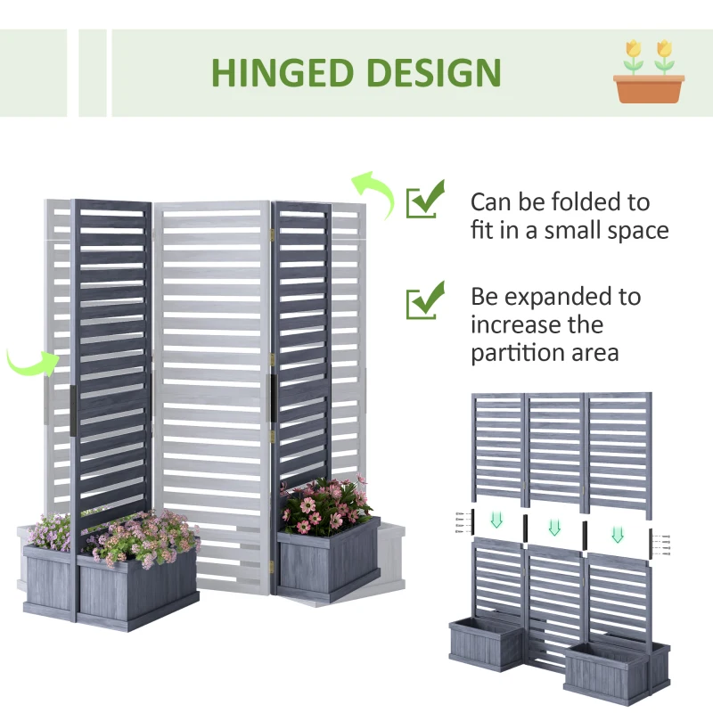 Outsunny Outdoor Privacy Screen Wood Privacy Panel with 4 Planter Boxes, Raised Bed with 3 Panels, Drainage Holes, Grey