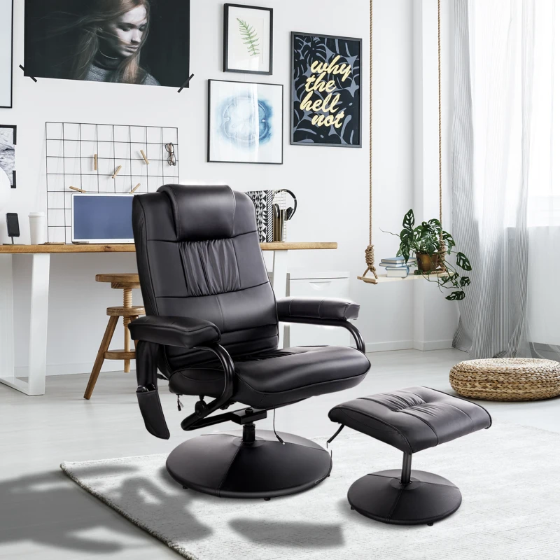 HOMCOM Massaging Faux Leather Recliner Chair and Ottoman Set, Swivel Vibration Massage Lounge Chair with Remote Control for Living Room, Bedroom, or Office, Black