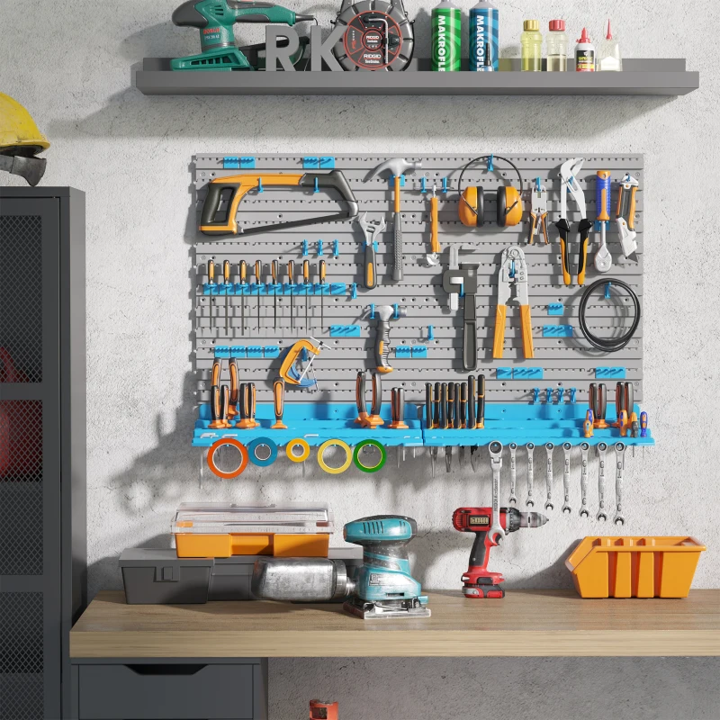 DURHAND 54 Piece Pegboard and Shelf Tool Organizer Wall Mounted DIY Garage Storage with 50 Hooks Blue