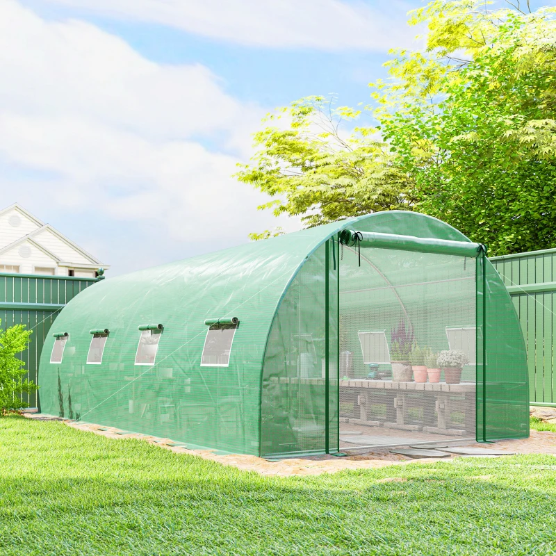 Outsunny Walk-in Tunnel Greenhouse with 2 Support Rods, Mesh Door, Plant Hot House with PE Cover, 20'x10'x7', Green