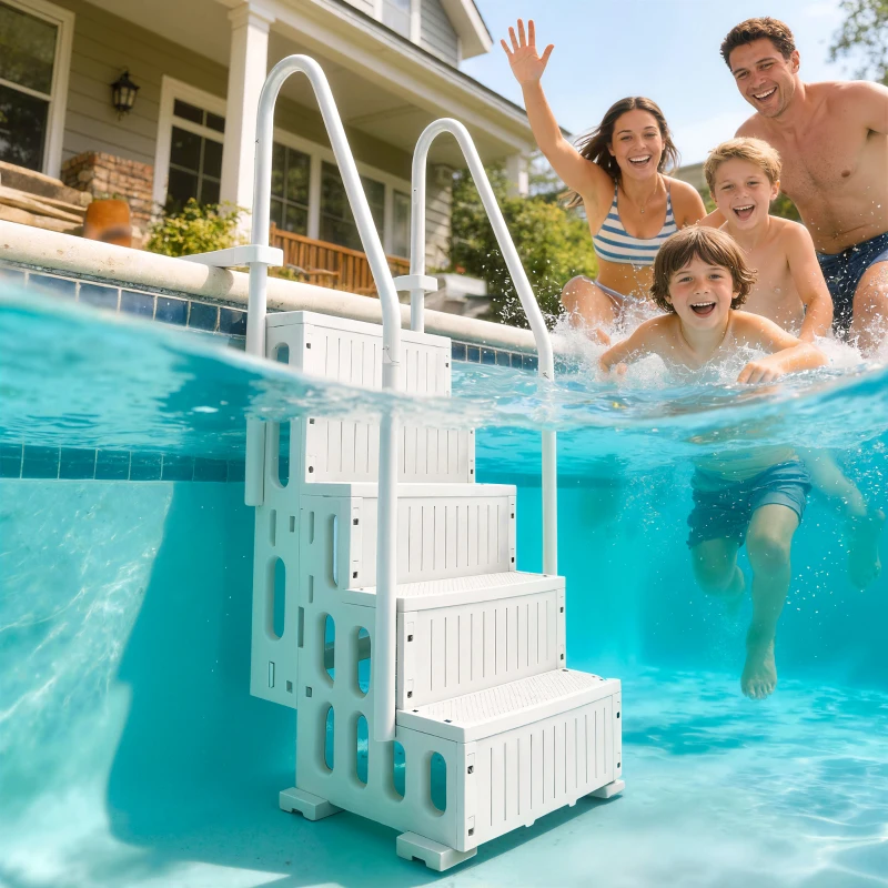 Outsunny Swimming Pool Ladder Adjustable Height for Above Ground Pool Steps with Dual Handrails White