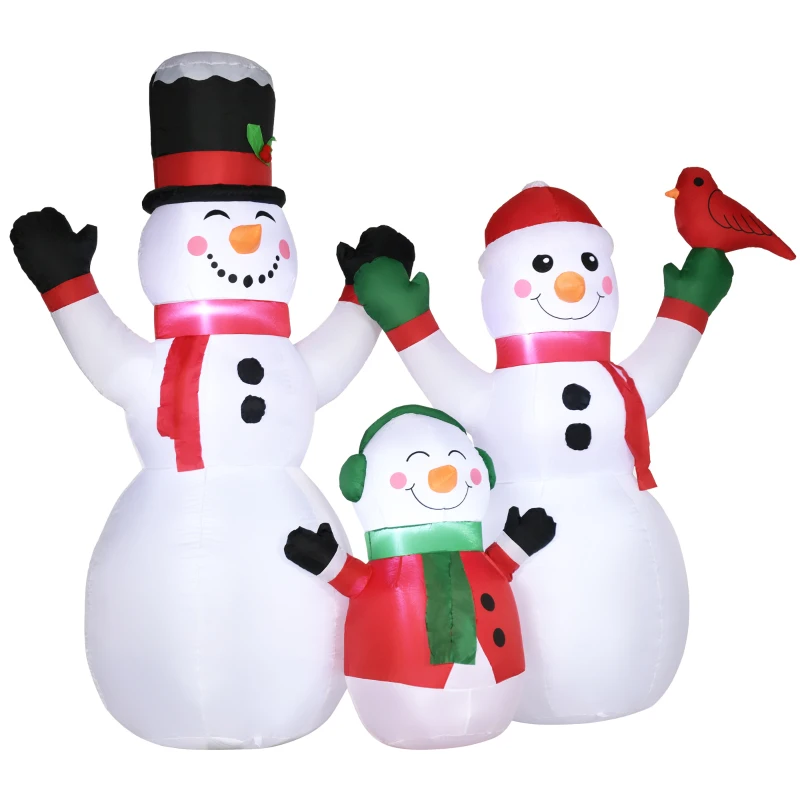 Outsunny 8ft Inflatable Christmas Snowman Family with A Red Bird, Blow-Up Outdoor LED Yard Display for Lawn Garden Party
