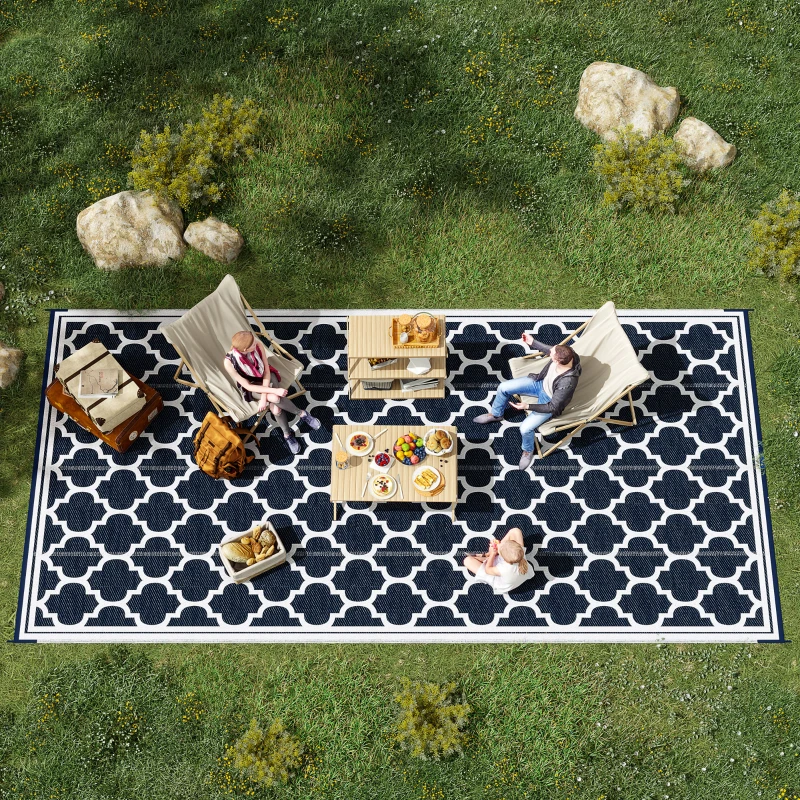 Outsunny Reversible Outdoor Rug, 9' x 18' Waterproof Plastic Straw Floor Mat, Portable RV Camping Carpet, Blue & White