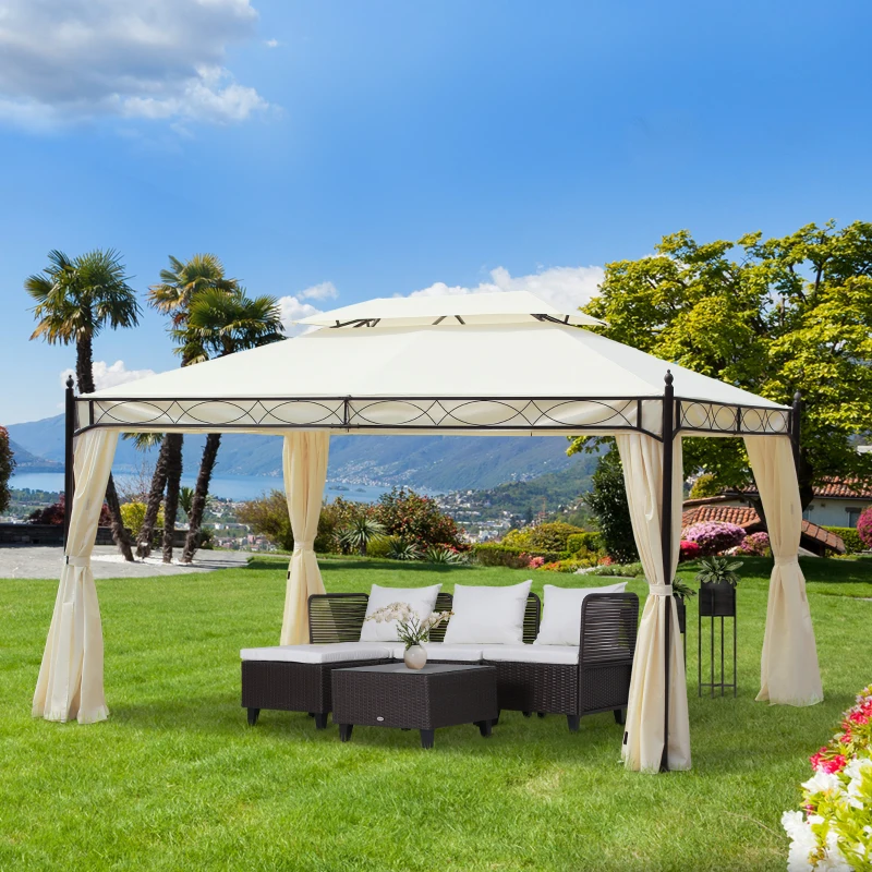 Outsunny 10x13ft Garden Gazebo Double-Tiered with Curtain Outdoor Shelter Backyard Canopy Cream White