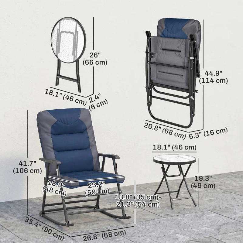 Outsunny 3pc Patio Foldable Rocking Chair Set, Outdoor Rocking Chairs and Table Bistro Set w/ Padded Seat, Headrest, Backrest for park, backyard, garden, Blue