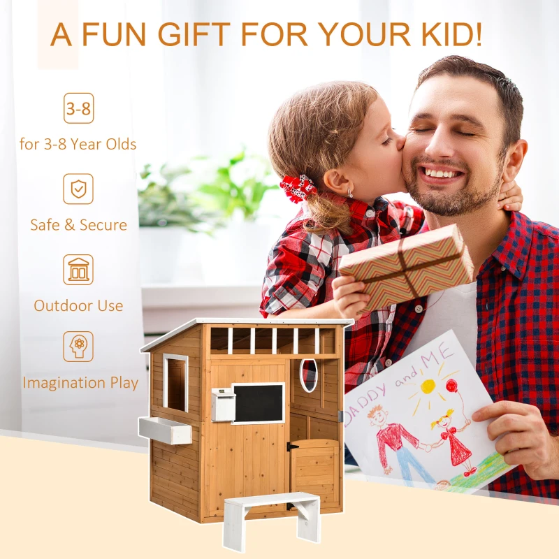 Outsunny Wooden Outdoor Playhouse for Kids with Working Door, Windows, Mailbox, Bench, Flowers Box and Blackboard, Yellow