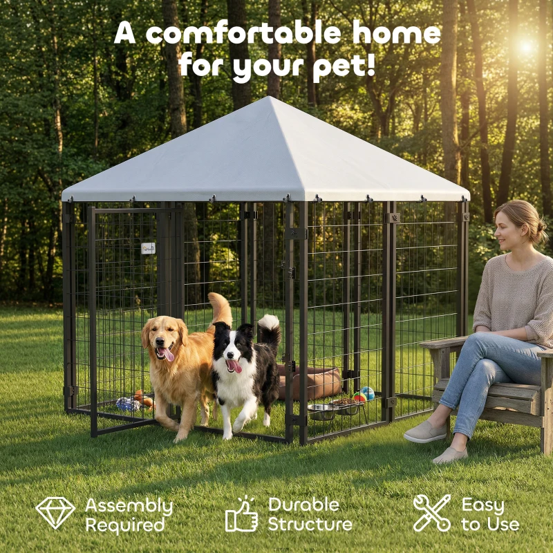 PawHut Lockable Dog House Kennel with Water-resistant Roof for Small and Medium Sized Pets, 4.7' x 4.7' x 5.1', Silver