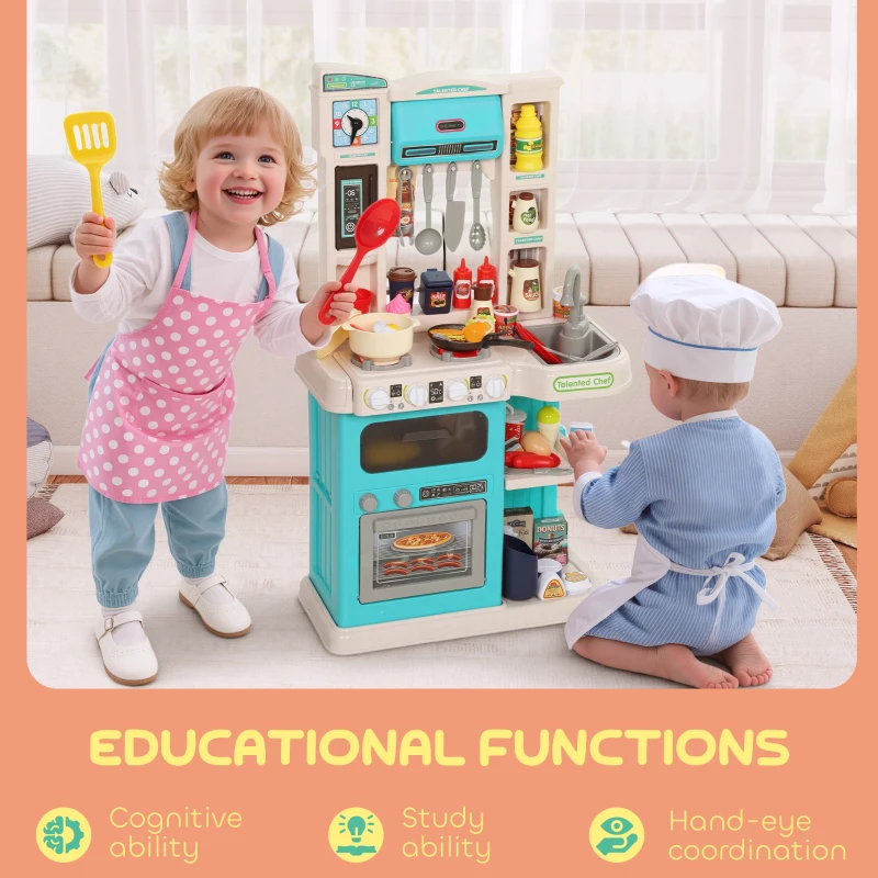 Qaba Kids Play Kitchen Toy Set, Chef Pretend Kitchen Playset with Real Lights & Sounds, 92 Pcs Toy Food, Ages 3-6, Green