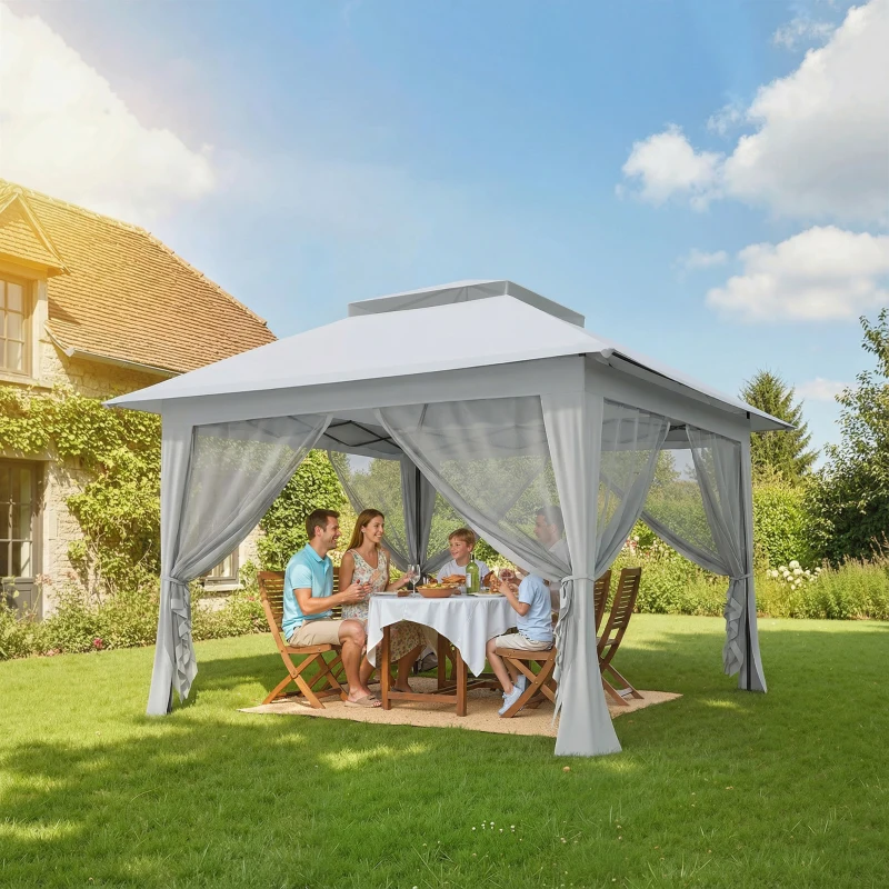 Outsunny 12' x 12' Foldable Pop-up Party Tent Instant Canopy Sun Shade Gazebo Shelter with Steel Frame, Light Grey