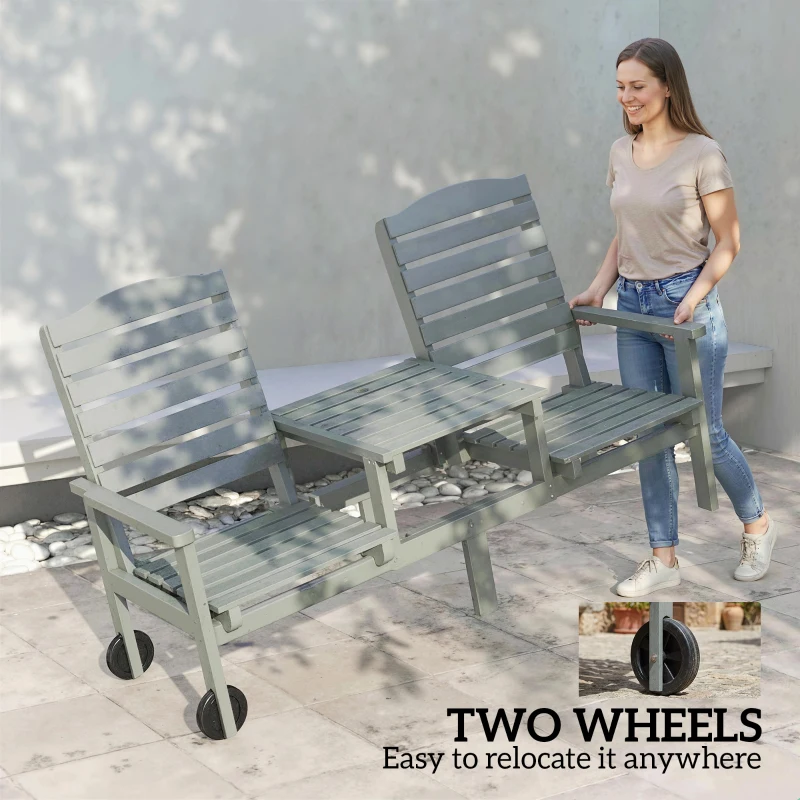 Outsunny Outdoor Bench with Wheels and 3-Position Adjustable High Back, 2 Seater Outdoor Loveseat with Umbrella Hole, Grey