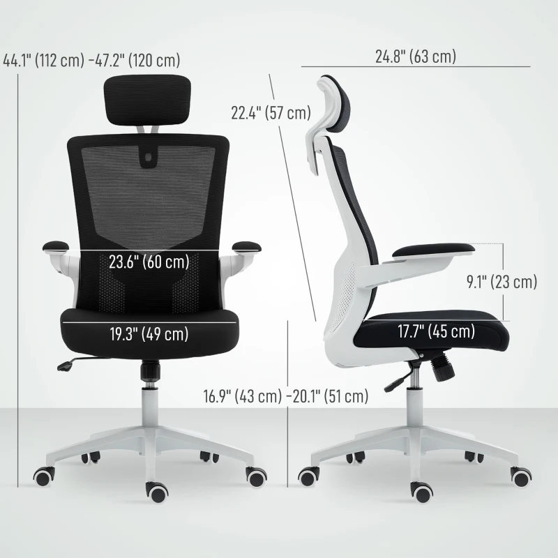 HOMCOM Ergonomic Office Chair, Swivel Desk Chair with Adjustable Lumbar Support, Headrest and Height, Flip-up Armrests, Black