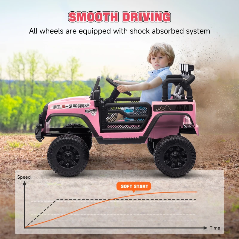 Qaba 12V Battery Powered Ride on Car, Ride on Truck w/ Remote, 4 Suspension Wheels, Music Horn Lights, Pink